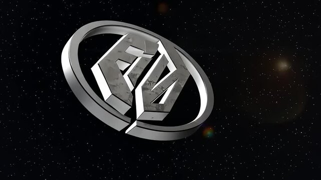3D metallic logo floating in a starry space background with lens flare effects