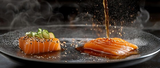 Soy sauce on salmon, sesame seeds, cucumber