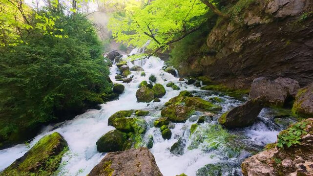 Crystal clear waterfall of Iru&eacute;s river in Fuente de Fornos, Badain, A&iacute;nsa, Aragonese Pyrenees, aerial view in spring with lush green vegetation and moss covered rocks, nature in 4K UHD
