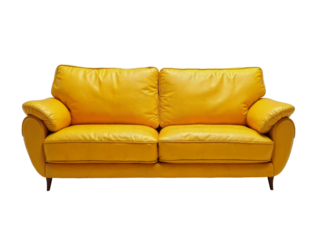 Yellow modern leather sofa front view isolated PNG