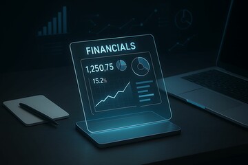 Modern financial analysis displaying data charts and graphs on a transparent screen
