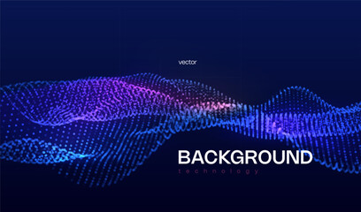 AI dark blue technology abstract background with vector waves of flowing particles, curvy lines of dots in motion, technology and science theme. 