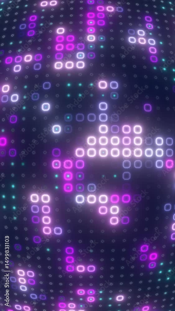 Poster digital purple matrix of glowing squares on a soft curved grid, creating a futuristic display