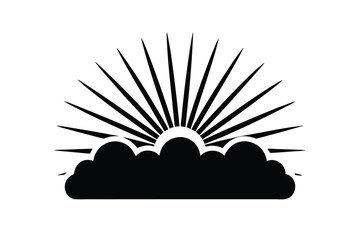 Sunrise silhouette behind clouds rays sunburst design