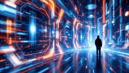 create an abstract, futuristic digital illustration featuring a blue techno background with glowing elements