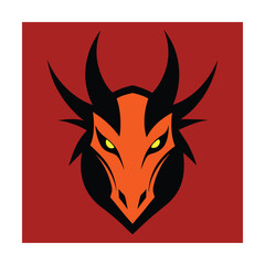 Stylized dragon head illustration with horns and glowing yellow eyes on a red background