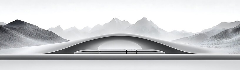 Futuristic train, mountain backdrop, serene