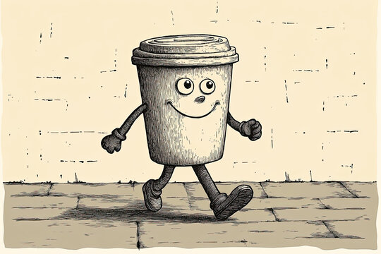 Vintage Cartoon Espresso Cup Walking Illustration