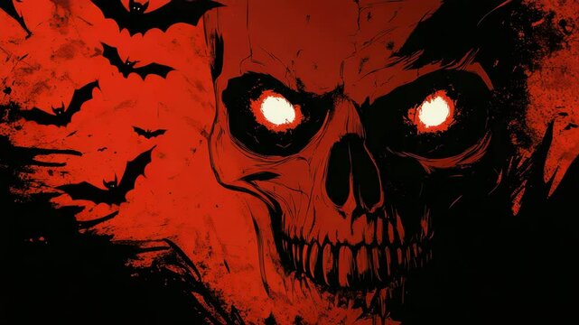 Red and black horror background featuring a skull with glowing eyes and bats. Dark and scary design for Halloween or gothic themed projects.
