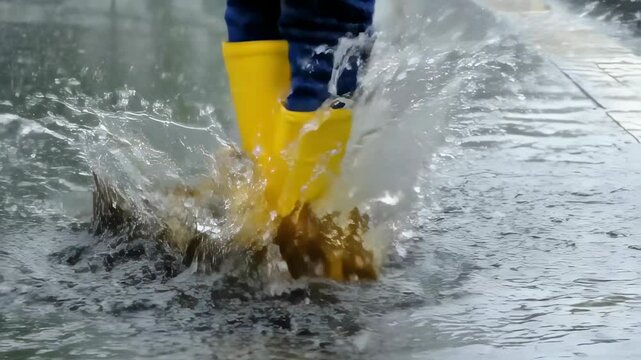 Yellow boots stomp a rain-slick city street, neon taxis blur past while fearless yellow boots kick shimmering arcs and carefree yellow boots turn storm into a game. concept urban joy