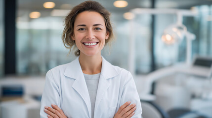 Cheerful Dentist in White Lab Coat at Bright Dental Clinic