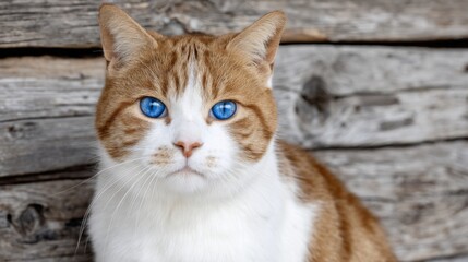 Close-up of an orange and white cat with striking blue eyes sitting outdoors