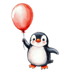 Cute Penguin Holding Red Balloon.