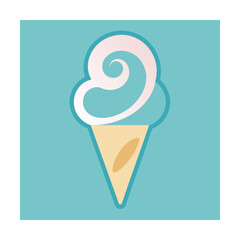 Simple flat design ice cream cone vector illustration against blue square background