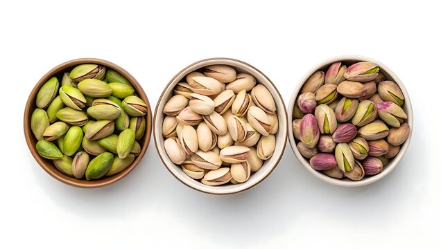 Overhead shot of three bowls filled with different varieties of shelled and opened fresh pistachios isolated on a white background