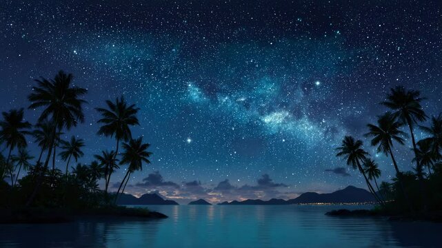 Tropical beach with palm trees and starry night sky reflecting over calm ocean under Milky Way