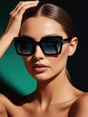 Fototapeta premium A stylish woman with sleek hair and bold sunglasses poses confidently against a green and black background.