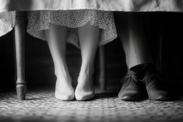 Intimate Touch Beneath the Table – Black & White.symbolizing subtle affection, connection, and vintage love.