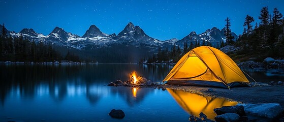 Night lake camping, mountain view