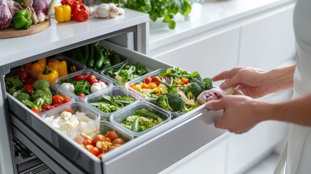 Woman Organizing Fresh Vegetables in Drawer for Healthy Cooking Options