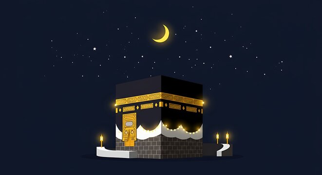 Nighttime View of the Kaaba in Mecca, Illuminated under a Crescent Moon and Stars