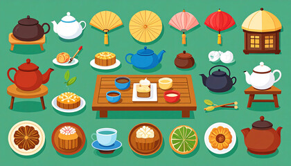Colorful illustration of tea ceremony items teapots, teacups, mooncakes, fans, and a miniature pavilion, arranged on a green background