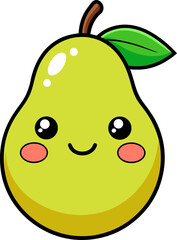 Cute pear character with happy eyes and rounded shape in simple cartoon vector for fruit graphics or print