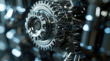 Fototapeta premium Close Up of Interlocking Metallic Gears in Warm Light