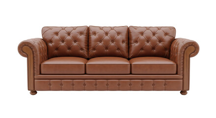 Classic brown leather Chesterfield sofa, isolated on transparent