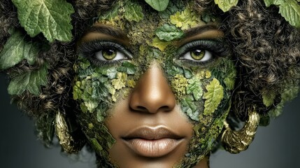 Artistic portrait of a woman with face covered in green leaves and natural elements