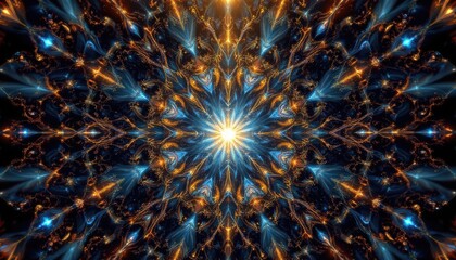 create a stunning digital fractal illustration showcasing intricate patterns and designs at the top of the image in radiant style