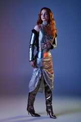 Elegant young woman embodies castle core fashion with a majestic aura and striking stance