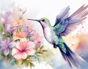 Obraz premium Pastell-Kolibri im Blütenmeer – zarte Aquarellmalerei
