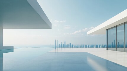 Obraz premium minimalist showroom terrace with polished concrete floor, clean blue sky, skyscrapers in distance, mockup background