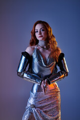 Elegant young woman in knight inspired fashion showcasing castle core aesthetics