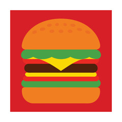 Colorful flat design illustration of a delicious hamburger on a vibrant red background.