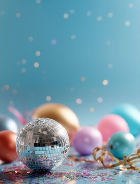 Glitzernde Discokugel mit bunten Luftballons und Konfetti auf blauem Hintergrund &ndash; Partydekoration