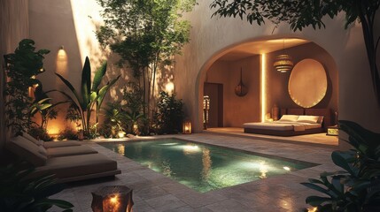 Tranquil moroccan riad courtyard with inviting pool and relaxation area.