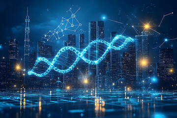 Futuristic cityscape featuring a glowing DNA strand and network connections against a dark, blue backdrop