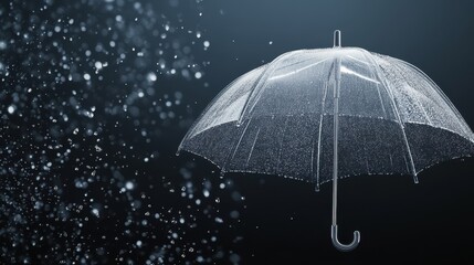 Transparent umbrella under rain against water drops splash background. Rainy weather concept.