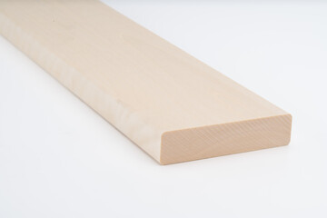 Light beige wooden board with smooth rounded edge, isolated on white background. Perfect for carpentry, furniture parts, or wood material display..
