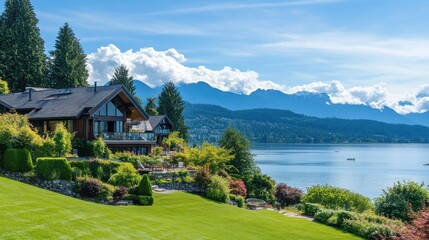 Fototapeta premium Two story luxury house with beautiful summer landscape in Vancouver, Canada, North America. Day time on June 2024.