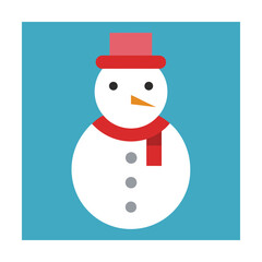A festive illustration of a smiling snowman with red scarf and top hat in wintertime