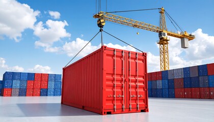 Fototapeta premium Crane Lifting Red Shipping Container.