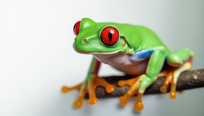 Obraz premium Single red-eyed tree frog on pure white backdrop, biology, tropical, legs