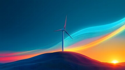 Fototapeta premium Wind Turbine on a Hill at Sunset Generates Clean Energy for a Sustainable Future