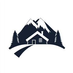 Fototapeta premium Mountain cabin winter landscape, snowy peaks, tranquil scene, travel brochure