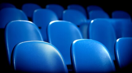 Fototapeta premium Empty blue chairs arranged in a row, creating a calm and organized seating area