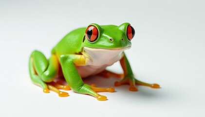 Obraz premium Green tree frog perched on white, vibrant skin, herpetology, specimen, animal