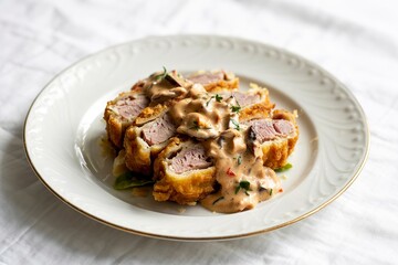 a perfectly sliced fried cutlet